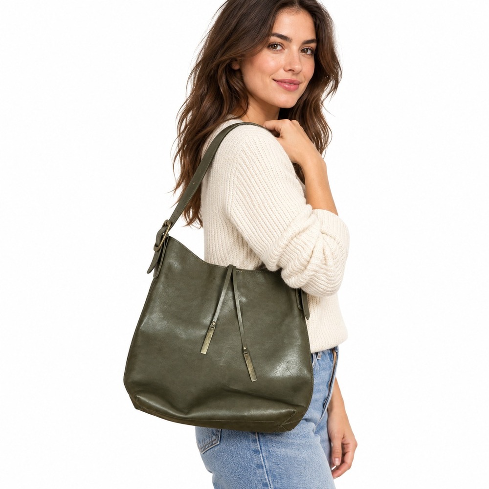 Women's Olive Green Faux Leather Hobo Shoulder Bag Slouchy Gold-Tone Accents